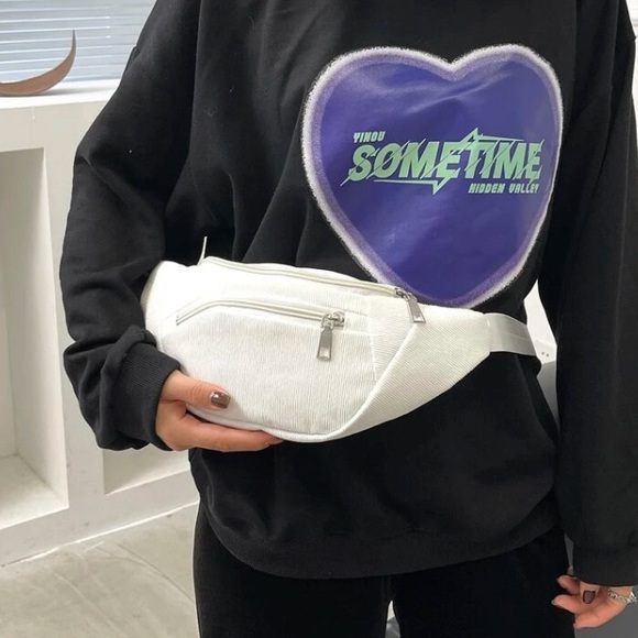 💙Corduroy White Double Pockets Release Buckle Adjustable Strap Fanny Pack - Picture 3 of 6